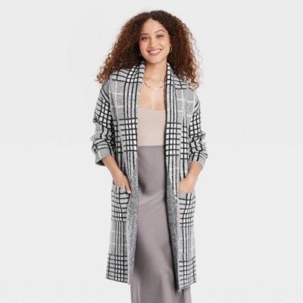 a new day Gray and Black Plaid Open-Front Long Cardigan Jacket